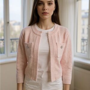 Ann Taylor Pink Cropped Knit Cardigan with Jewel Buttons